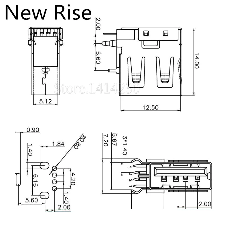 10PCS USB Type A Female Solder Jacks Connector Side Needle 4Pin 90 Degree Flat Mouth USB Data Interface Length 14mm