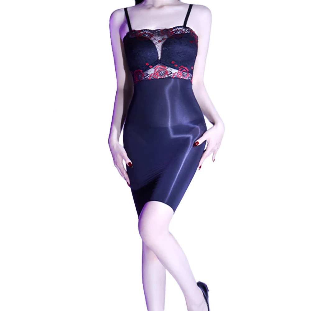 Sexy Vrouwen Kant Micro Mini Jurk 8D Elastische Bodycon Jurk Streep Olie Glanzend Glanzend Sheer See Through Cosplay Meid Leuke Jurk