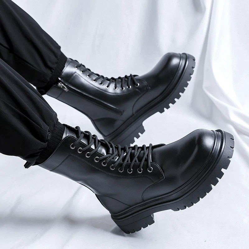 Dicke Sohlen Plattform Männer Echtes Leder Stiefel Luxus Designer Runde Kappe High Top Stiefel Mode Trends Straße Seite Zipper Schuhe