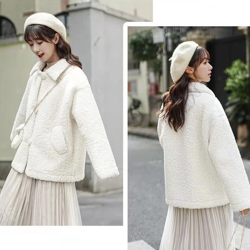 Faux Fur Thicken Coat with Bag for Women Warm Soft Loose Lamb Fur Jacket Female 2023 Winter Kawaii Overcoat Cute Button Plush