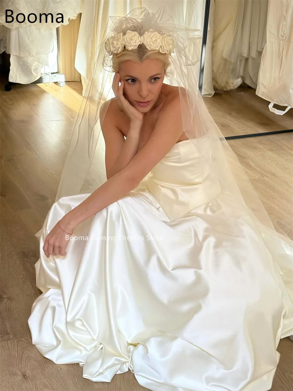 Booma – robe de mariée trapèze en Satin, sans bretelles, élégante, sans manches, Simple, sur mesure, 2025