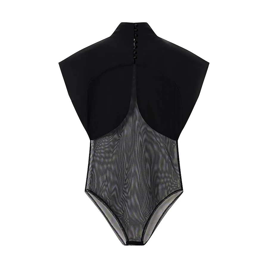Sommer Damen Jumpsuit Sexy Tüll Patchwork Bodysuit Weiblicher Schicker Hochkragen Ärmellos Durchsichtiger Bodycon Damen High Street Top – Detail 3