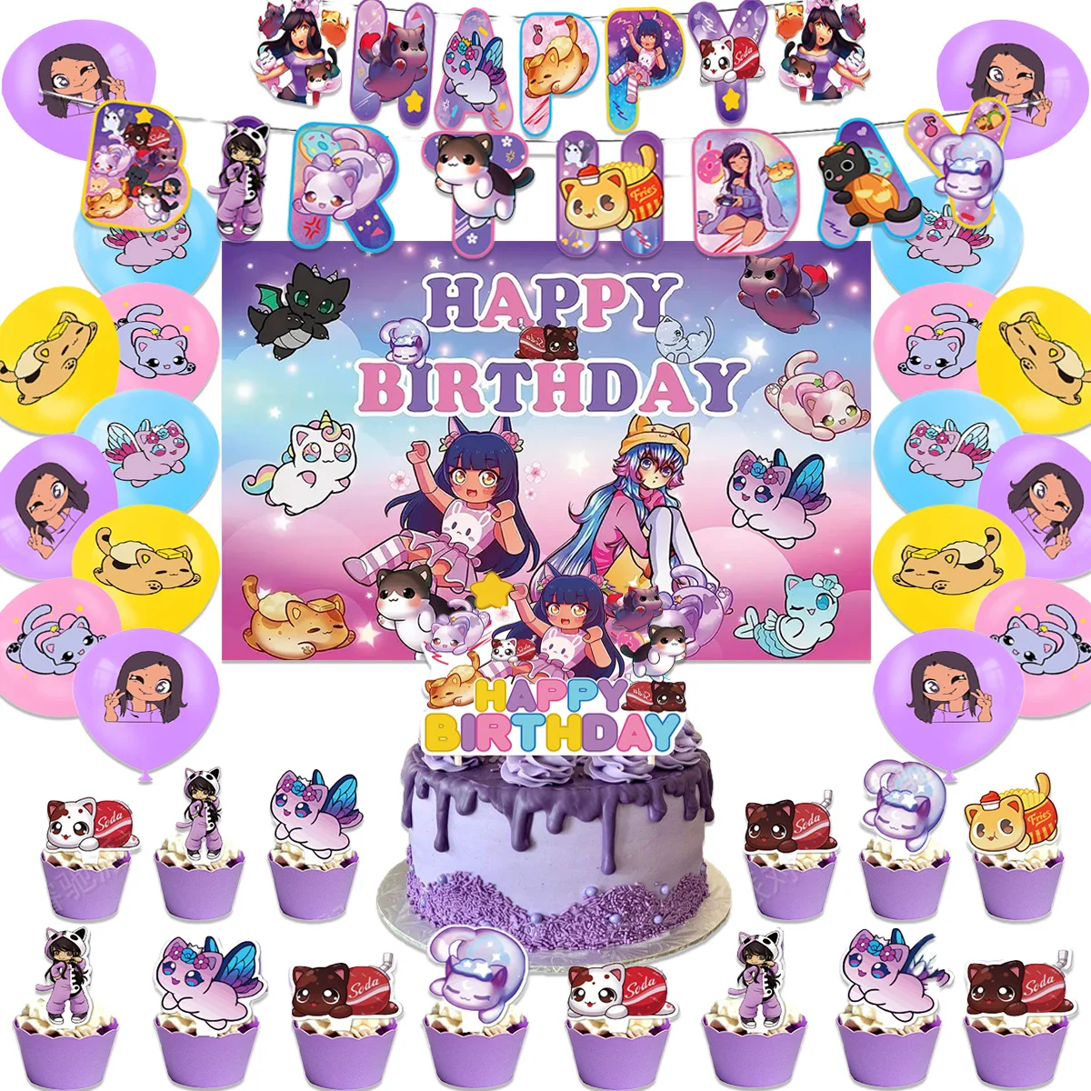 

Aphmau Plushies Cat Theme Girl's Birthday Party Supplies Decor Cartoon Balloon Banner Backdrop Cake Topper Kids Baby Shower Gift