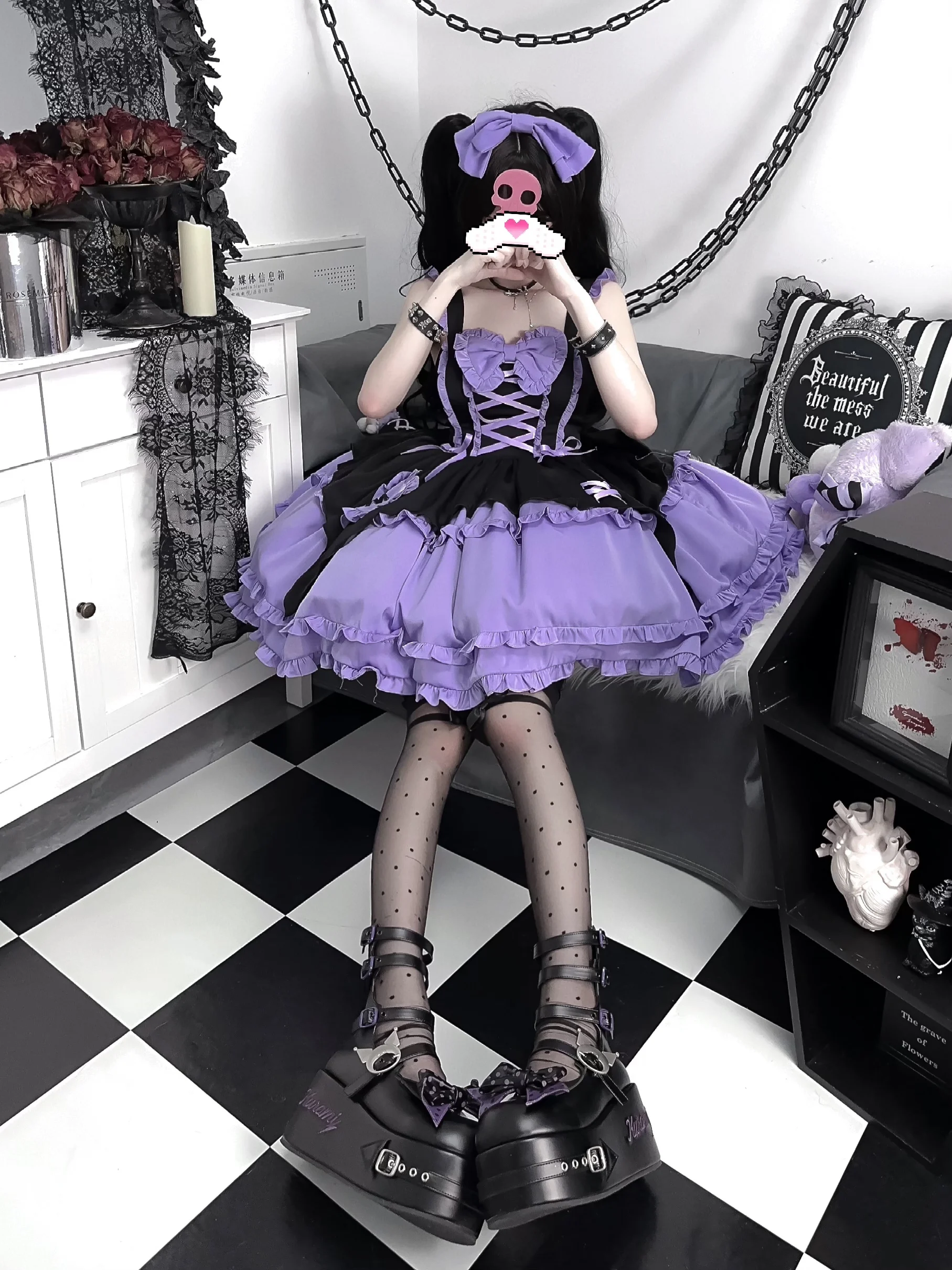 Sommerkleid Damen Original Design Lolita Kleid Lila und Schwarz Halloween Hexe Lolita JSK Hosenträgerkleid Haarnadel Kostenlos