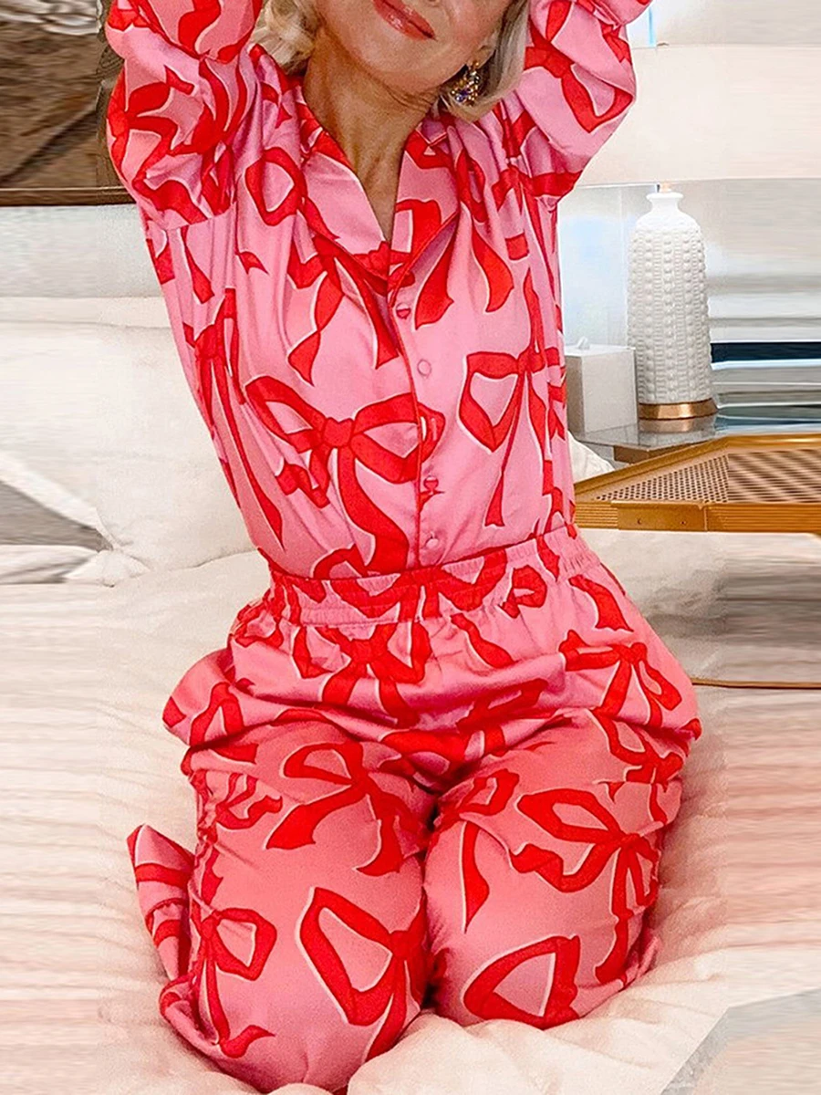 Bow Print Pajamas Set Y2k Graphic Button Down Long Sleeve Shirt Straight Leg Long Pants Women\'s Loungewear Pants Set