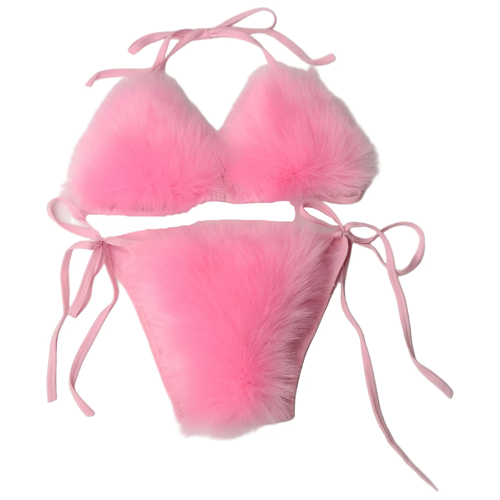 

Women Adults Stylish Fuzzy Bra Briefs Set Detachable Faux Fur Halter Bra Top And Lace-up Briefs Bikini Pool Party Bathing Suit