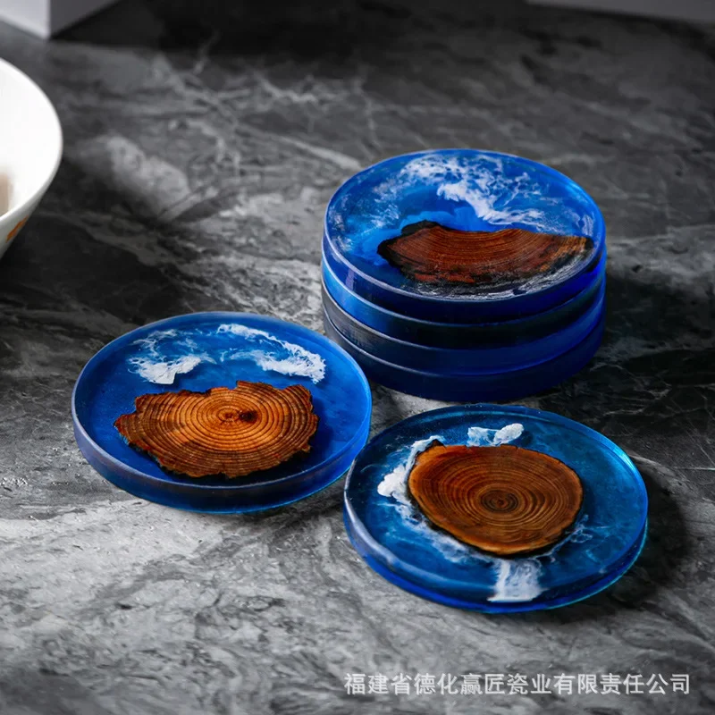 

6PCS North Pine Epoxy Resin River Coaster Blue Insulation Mat Pot Bearing Solid Wood Zen Wave Coaster Mat