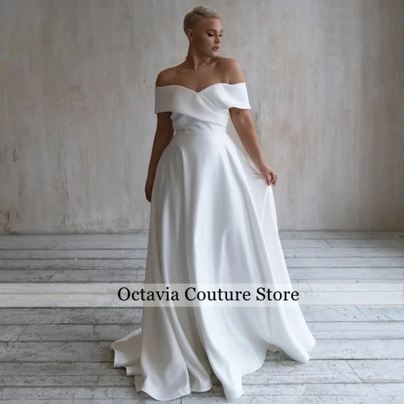 Simple Wedding Dress Plus Size Customized Elegant Off Shoulder V Neck Pleat A Line Sweep Train Backles Bridal Gown Robe Mariee