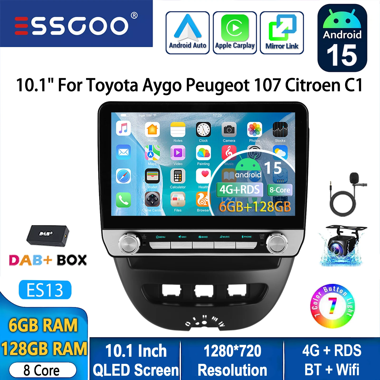 Autoradio ESSGOO Android 15 10.1 Inch 6+128 GB voor Toyota Aygo Peugeot 107 Citroën C1 Draadloze CarPlay Android Auto GPS Navigatie 4G FM AM BT RDS Stuurwielbediening Mirror Link QLED Touchscreen