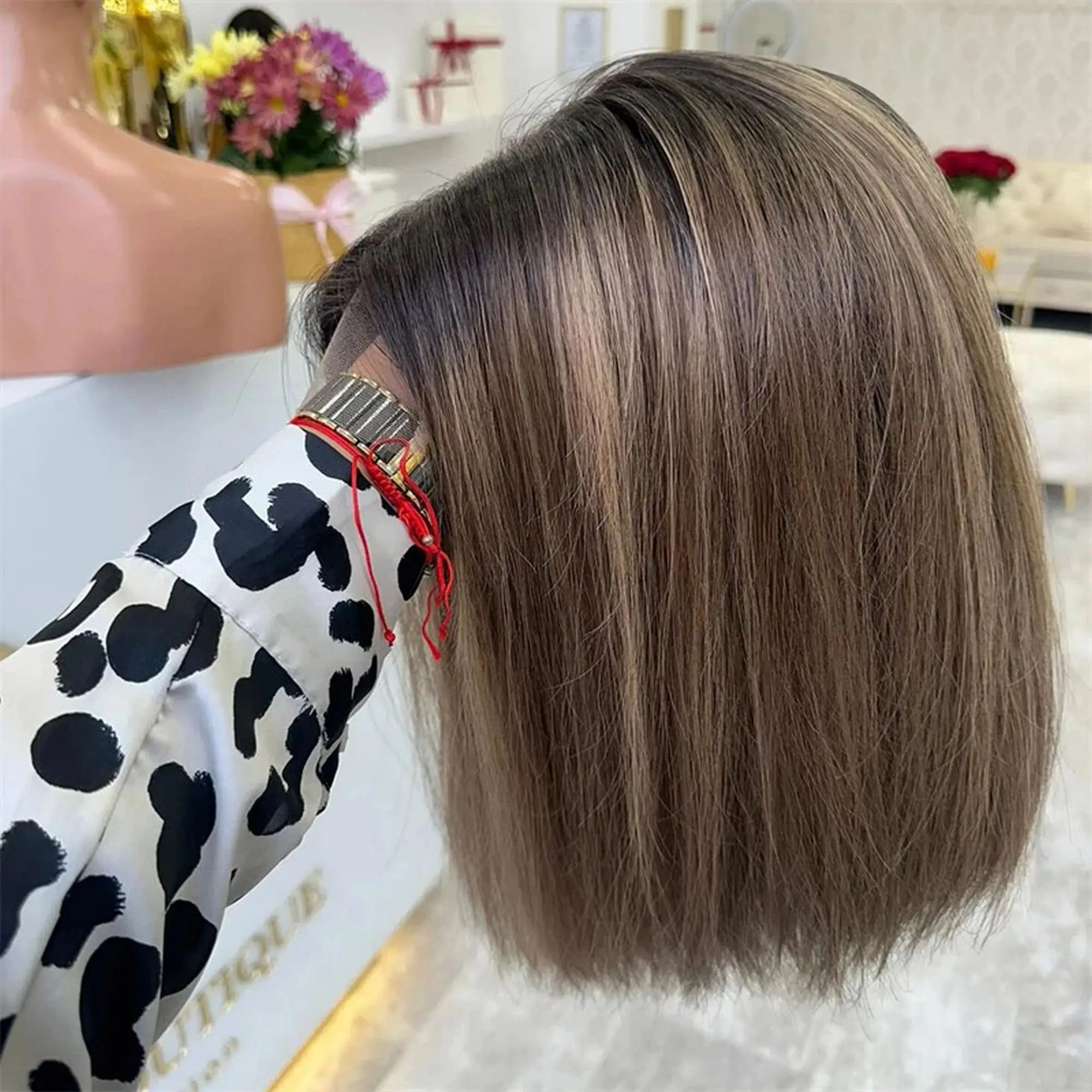 Bob Straight Glueless Hair Short Ombre Light Brown Synthetic Lace Frontal Wig Realistic Look Hairline Premium Fibre On Clearance
