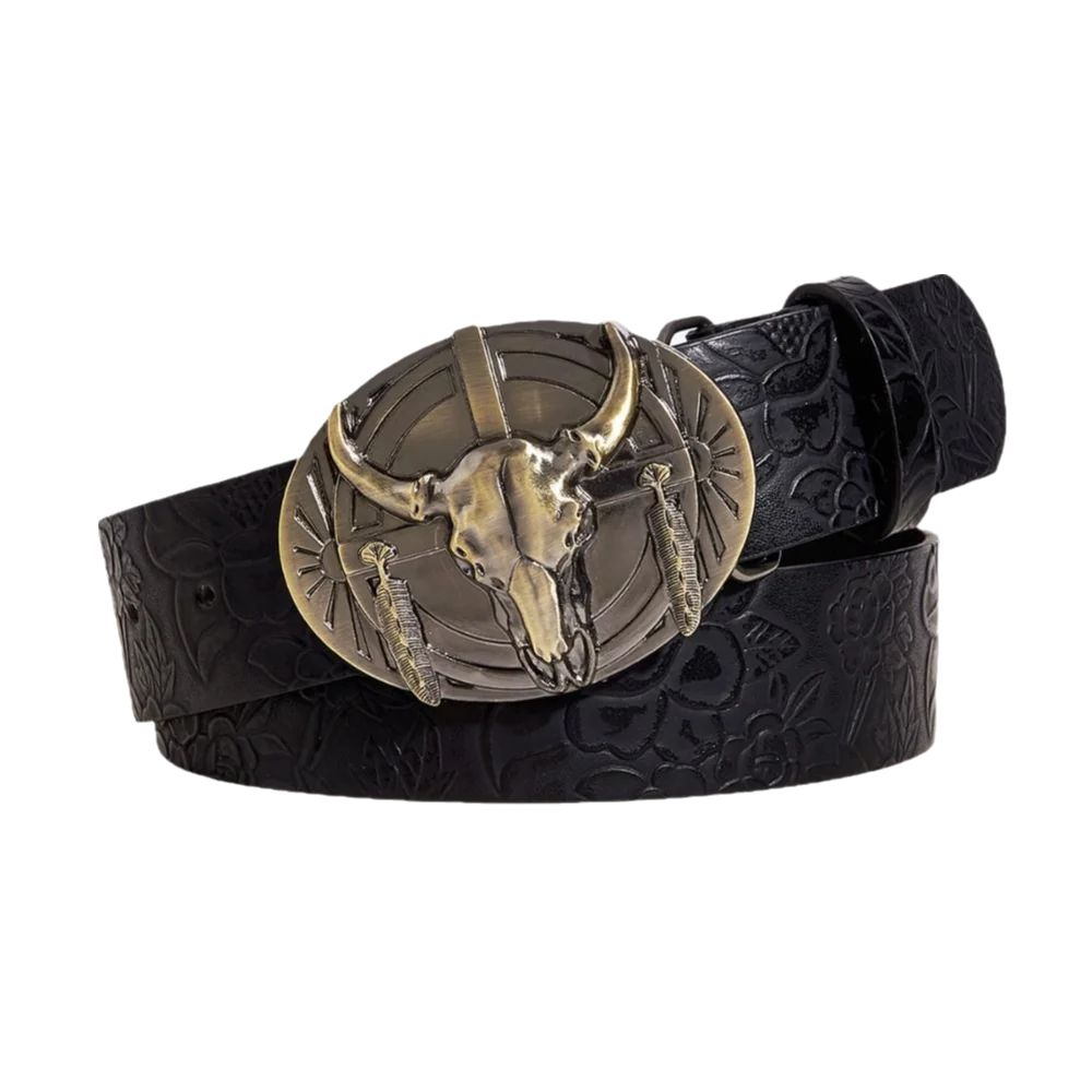 Trendy Carved Western Cowboy Belt Cow Head Buckle Vintage Embossed Belt Retro Waistband For Man Women
