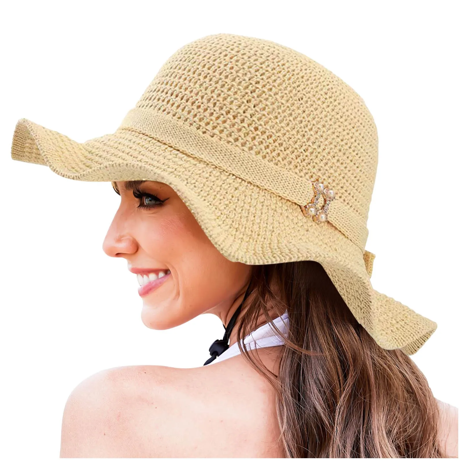 Womens Hat Summer Sun Hat Beach Tourism Hat Ruffle Edge Bow Sun Hat Womens Travel Visor