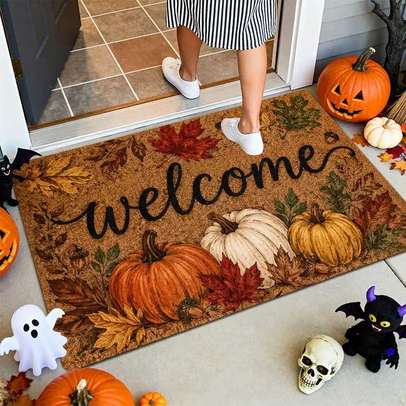 VIKAMA Vintage Fall Harvest Doormat Pumpkin Maple Leaf Washable Non‑Slip Indoor Outdoor Entrance Front Door Floor Mat Home Decor