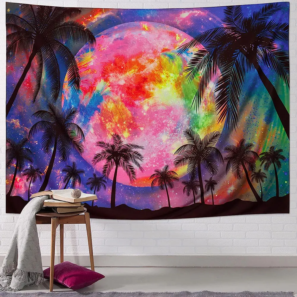 Blacklight Colorful Moon Galaxy Space Tapestry Wall Hanging Tropical Coconut Palm Tree Starry Sky Tapestry For Bedroom Decor