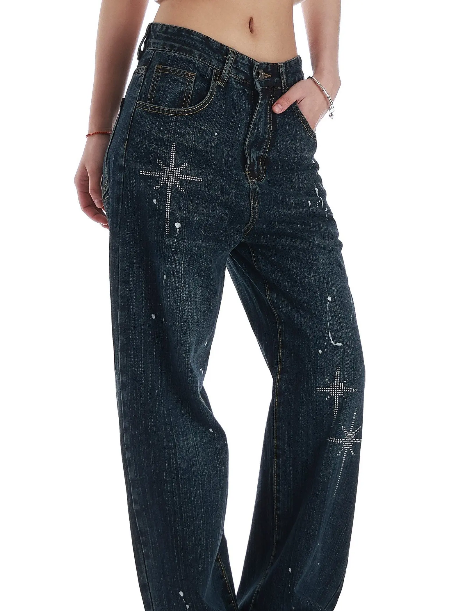Calças Jeans Retrô Americanas com Estampa de Diamantes, Perna Larga, Casuais para Homens e Mulheres, Design Cleanfit, Calças ...