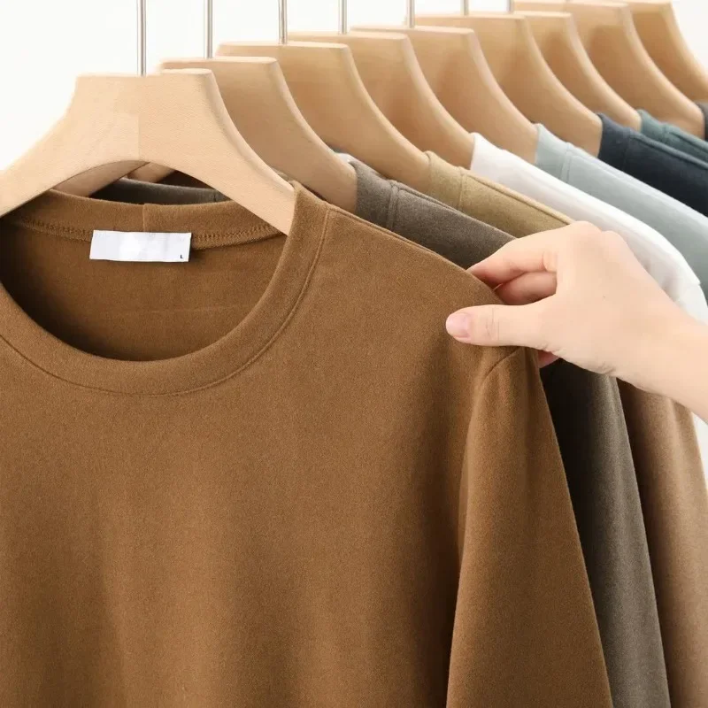 

Мужская теплая футболка с полувысоким воротником, простые повседневные пуловеры с флисовой подкладкой, нижнее термобелье с круглым вырезом и длинным рукавом, топы