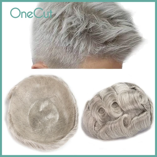 Tupé de piel Superfina para hombres, sistema de reemplazo de cabello humano 0,02 PU con bucle en V, pelucas de cabello, prótesis capilar gris, 0,03-100% mm