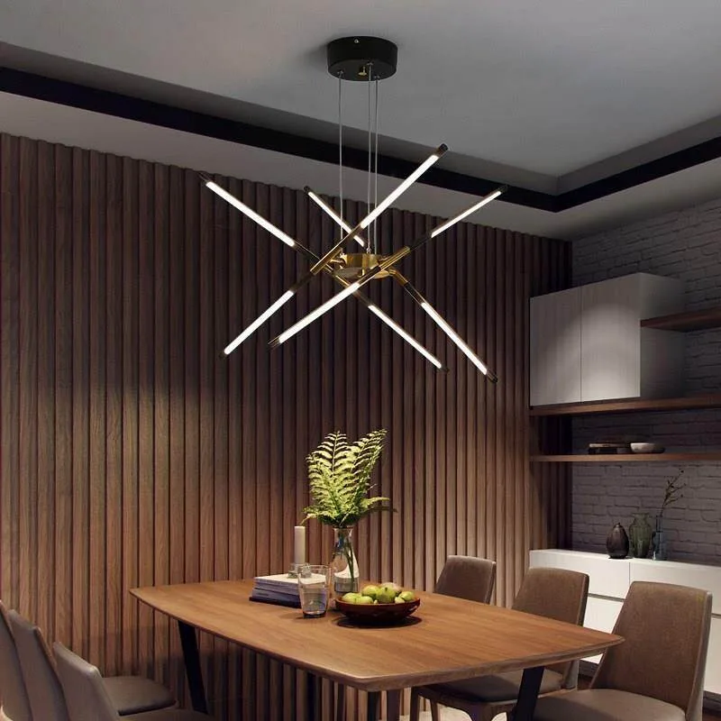 Nordic Modern LED Linear Chandelier Simple Gold Black Stick Shape Pendant Light for Living Room Kitchen Table Home Decoration