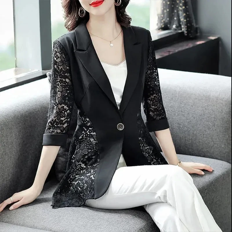 Chaqueta de traje de retazos de encaje negro para mujer, Blazer elegante de un solo botón, abrigo fino, ropa de primavera y verano, 2024