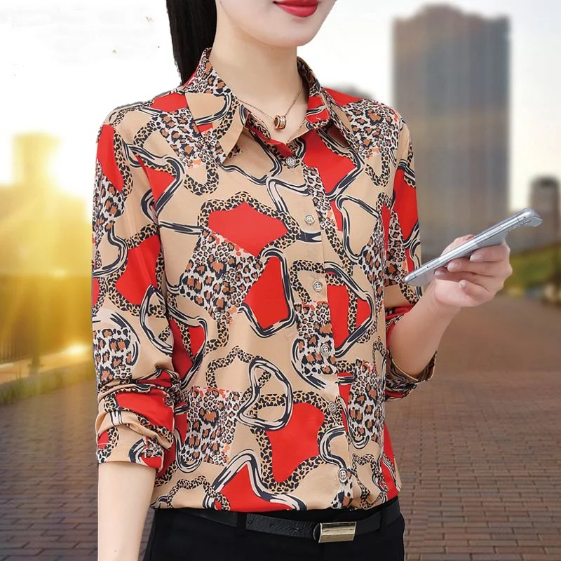 

Spring and Autumn Women's Polo Collar Single Breasted Leopard Pattern Dot Geometry Contrast Color Long Sleeve Cardigan Tops