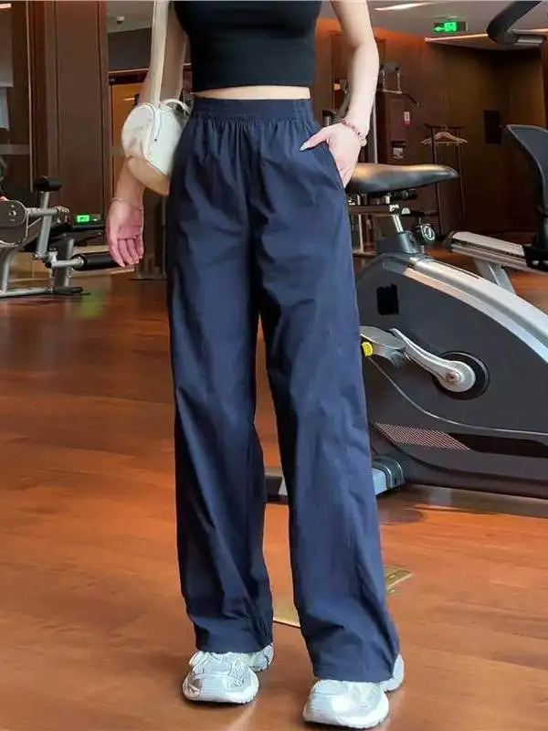 

Quick Dry Ice Silk Casual Straight Leg Wide Leg Sports Pants Thin Model High Waist Elastic Waistband Workwear Trousers for Women