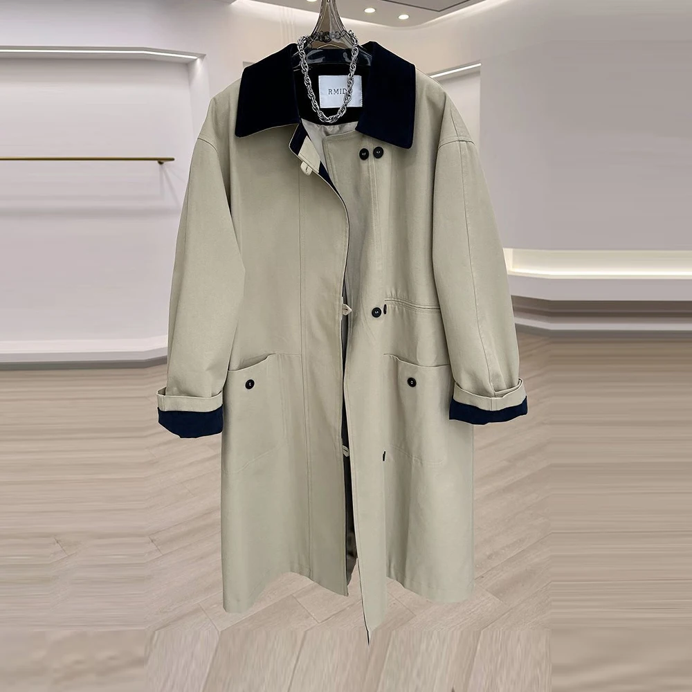 Korean splicing contrasting color trench coat women's medium and long 2026 spring new casual loose and thin popular coat