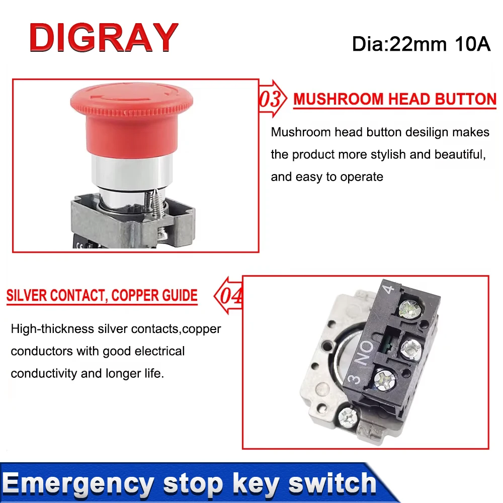 DIGRAY Emergency Stop Button NC Key Switch NO AC15 10A for CO2 Laser Engraving Cutting Machine & Fiber Marking Machine.