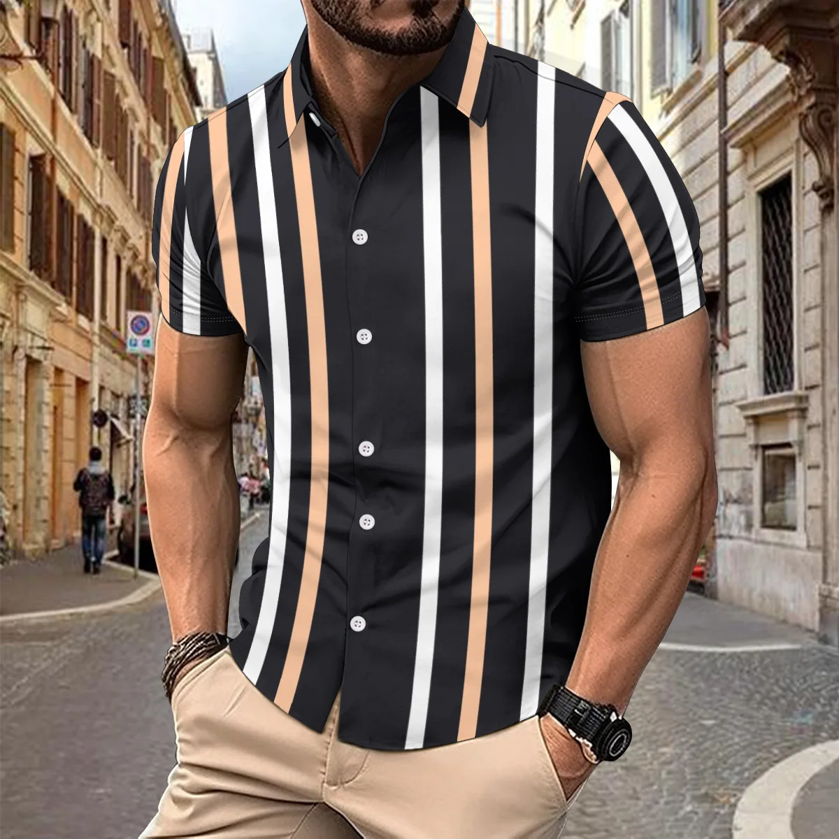 

2025 Striped Print Casual Men's ort Sve irt Autumn Thiened Fce Collar Nine Points Sve Special Wide Fit