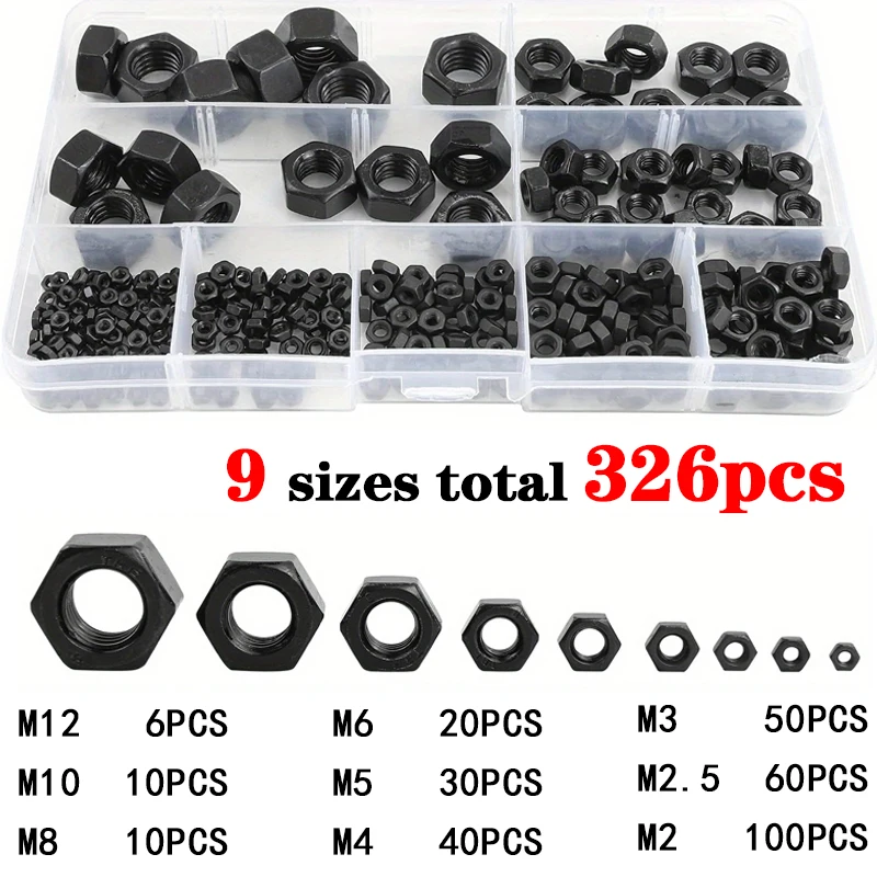 326pcs Metric Black Hex Nuts Assortment Kit M2-m12 Assorted Metric Hardware Nuts Set 9 Sizes Carbon Steel Metal For Screw Bolt