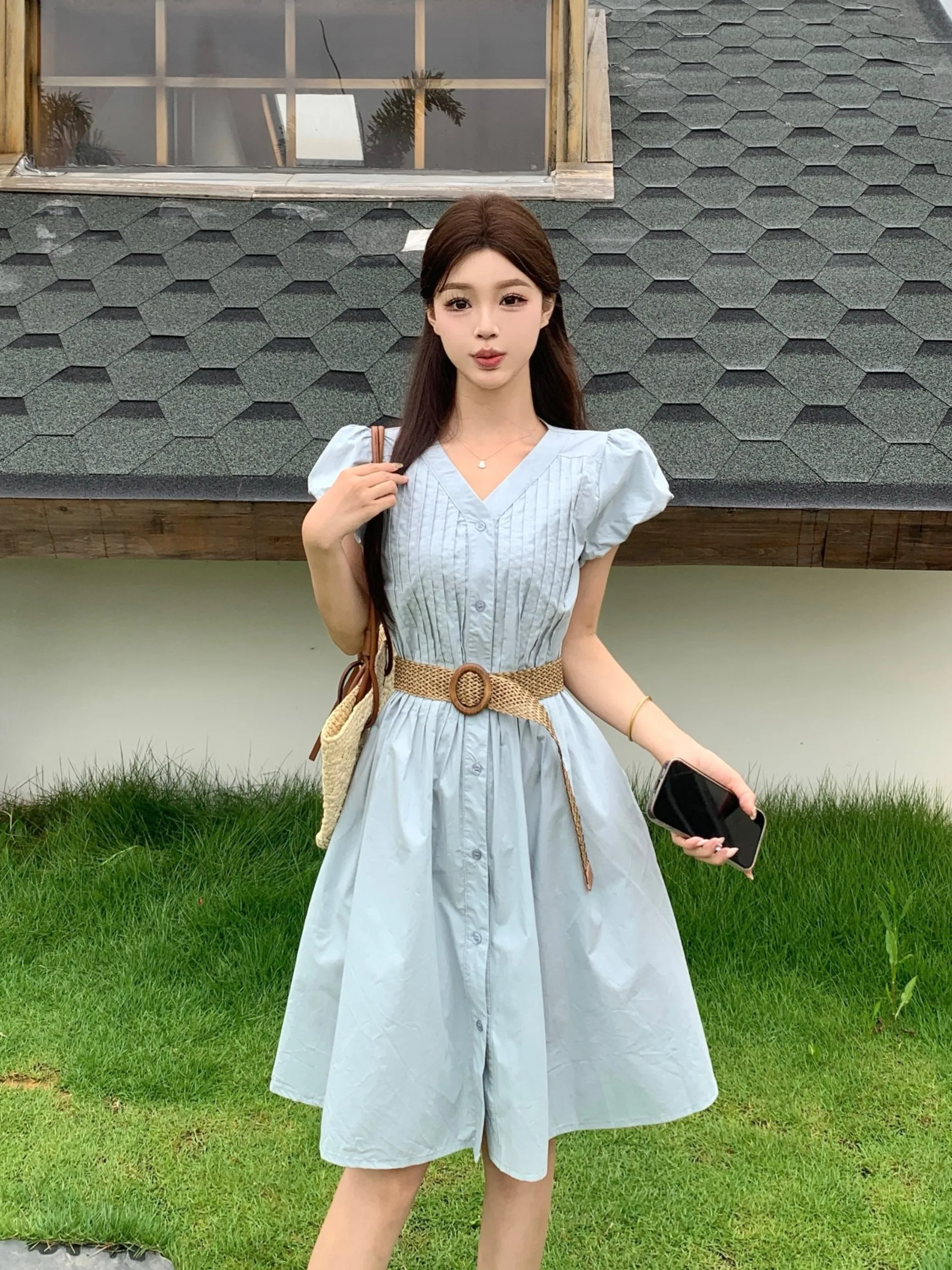 

Новое летнее женское платье больших размеров с V-образным вырезом, коротким рукавом, на одной пуговице, с завышенной талией, А-силуэта, омолаживающее, длинное