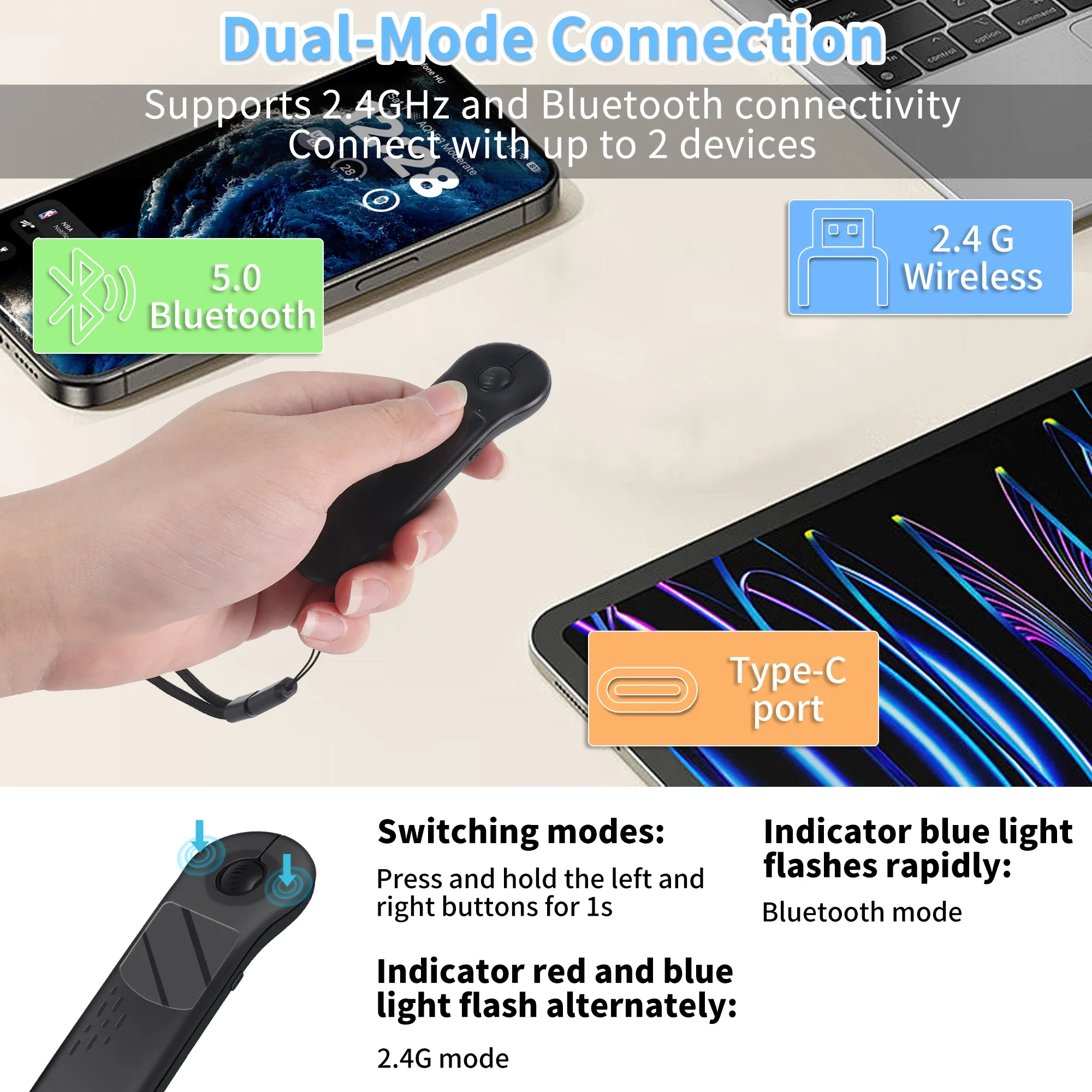 Remote Control Finger Mouse Bluetooth 2.4G Dual-mode With Touchpad Rechargeable E-book Page Turner For iOS Android Tablet Phone