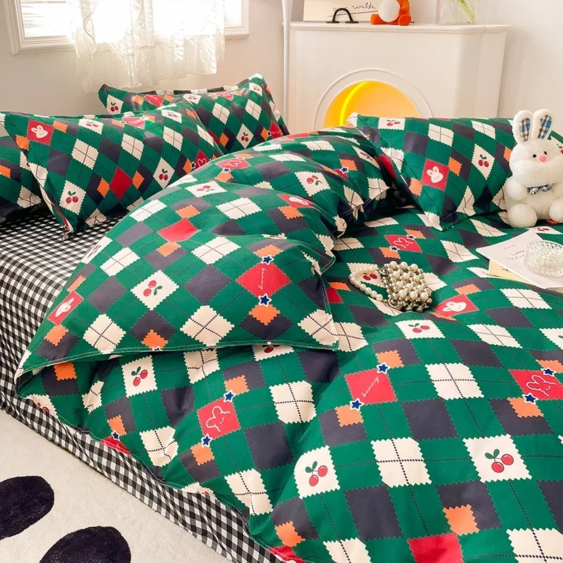 Christmas Duvet Cover Set Green Red Plaid Printed Bedding Reversible Comforter Cover Set with Zipper for New Year Holiday Gifts