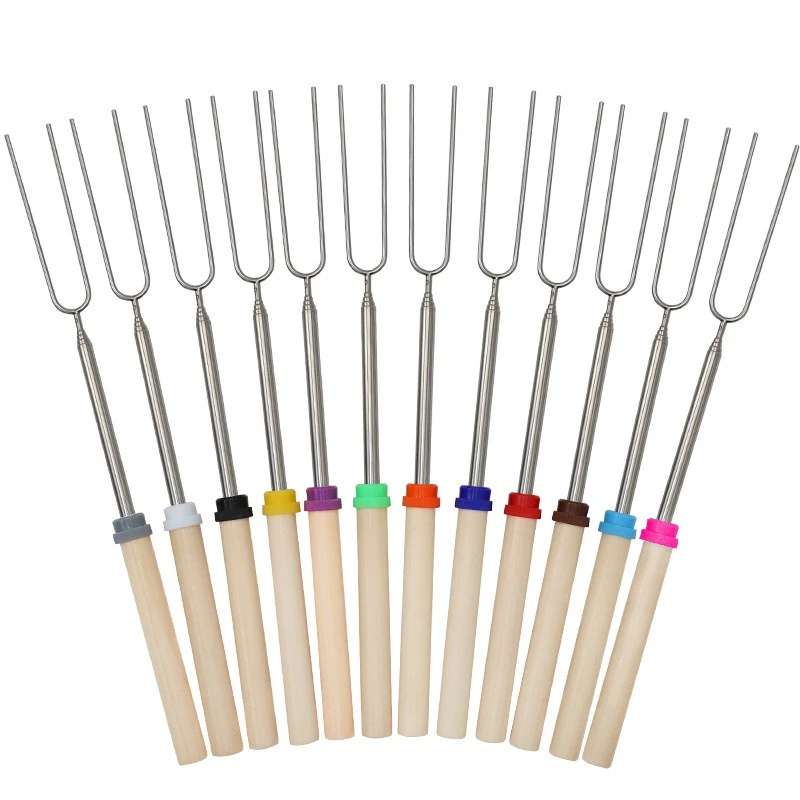 8Pcs Barbecue Skewers Stainless Steel BBQ Fork Extendable Marshmallow Roasting Stick Telescoping Smores Hot Dog Sausages Skewers