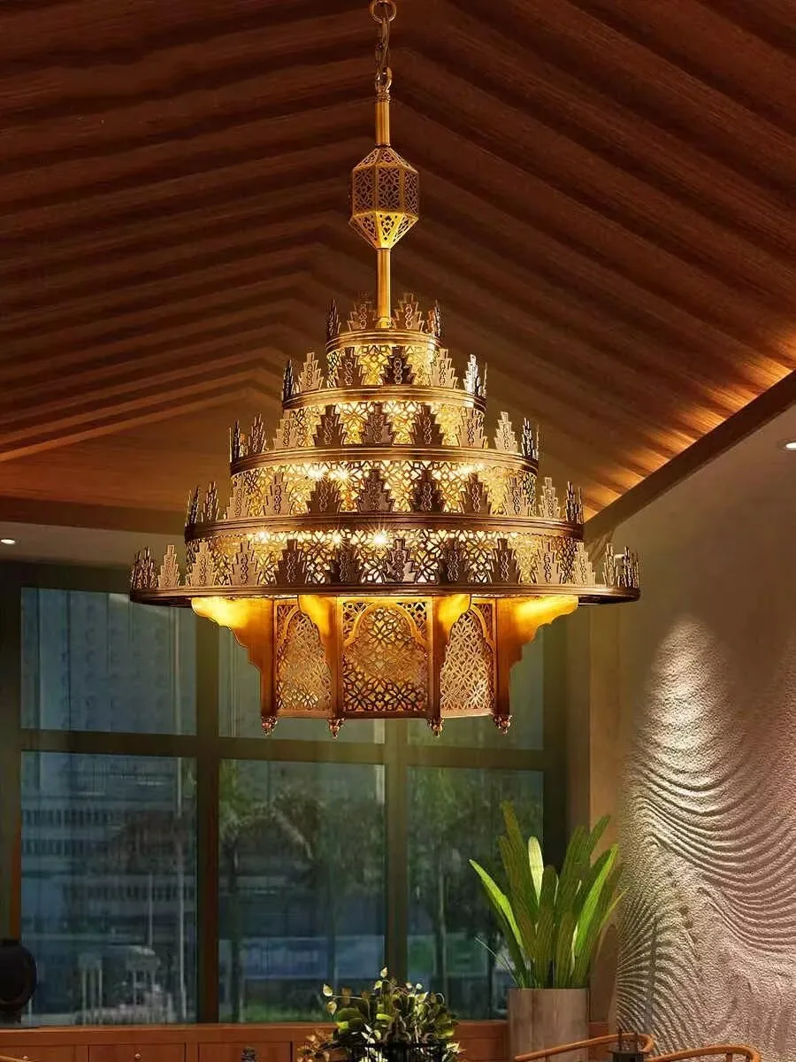 2025 Thai Tower Chandelier Southeast Asian Style Golden Decorative Lamps Retro Living Room Restaurant Entrance Chandelier