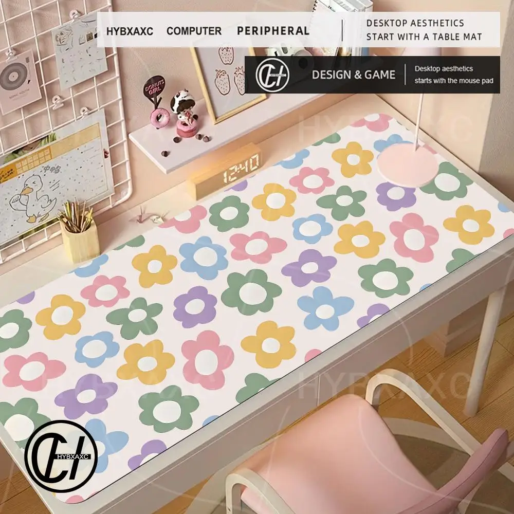 Colorful Groovy Flowers Mouse Pad 90x40cm Cute Pink HD Print Extended Gaming Keyboard Mats Large Retro Flowers Gamer Mousepad