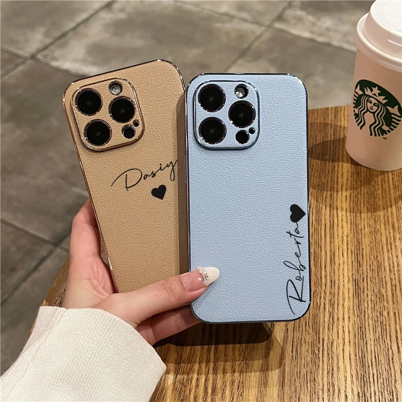 

Personalised Customized Name Case For iPhone 11 12 13 14 15 16 Pro Max Leather Soft Plating Bumper Gift Cover For 15 16 Plus