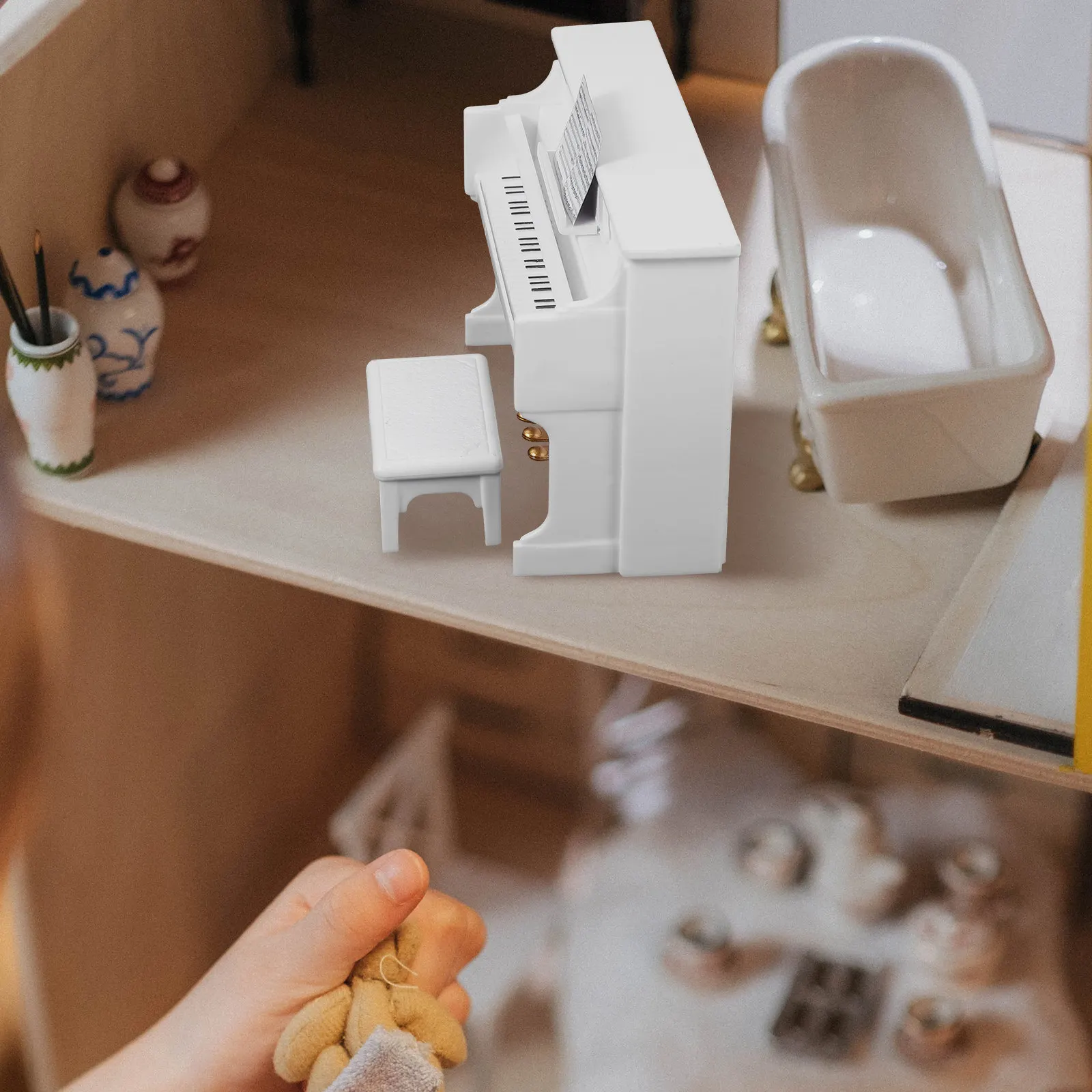 

1Set Mini Upright Piano Miniature with Stool Traditional Design Tiny House Accessories Mini Furniture for Dollhouse Decor