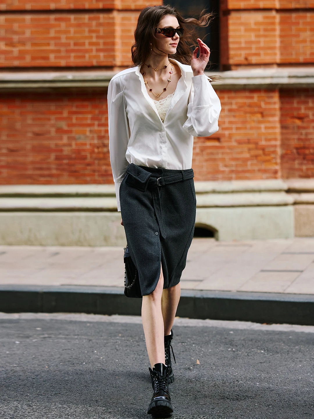 Luna7xi Grey Thickened Woolen A-Line  Skirt with Belt Decoration Commute Friendly Soft Comfortable High Waist City Wear