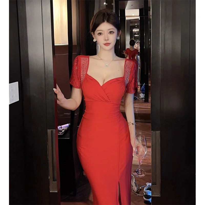 Yanling Summer New Elegant Sexy Socialite Retro Deep V Slit Slim-Fitting Long Dress Red High-End Dress