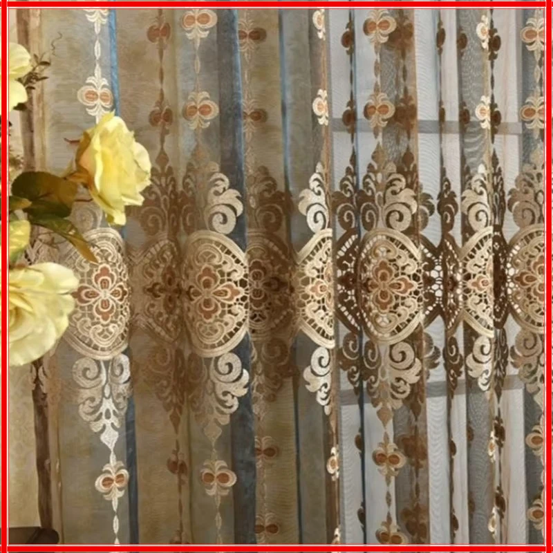 European Luxury Embroidery Coffee Beige Tulle Sheer Curtains for Living Room Bedroom Dining Thicken Window Decor Custom Thicken