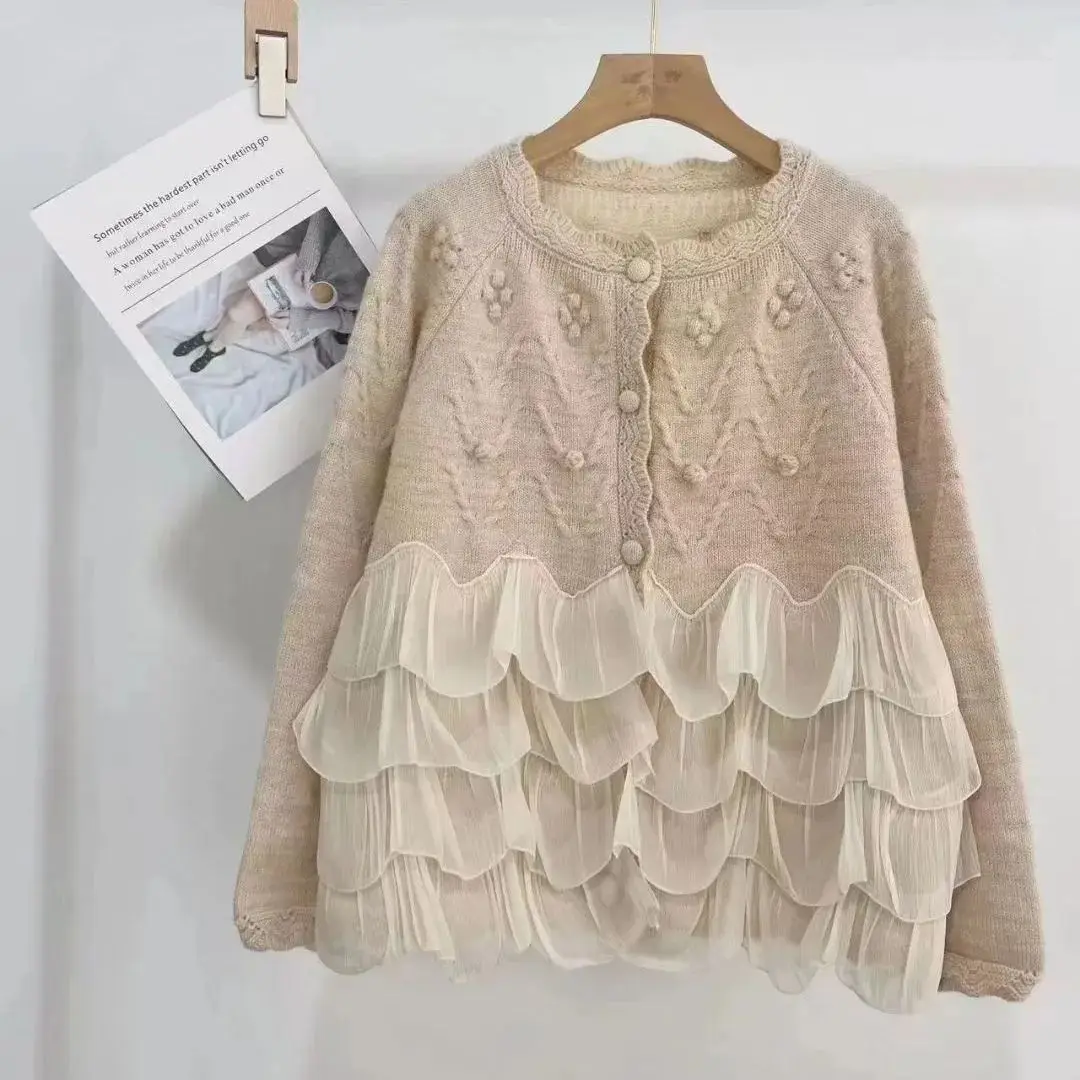 Spring Womens Soft Multilayer Lace  Knitted Cardigan Thin Sweater