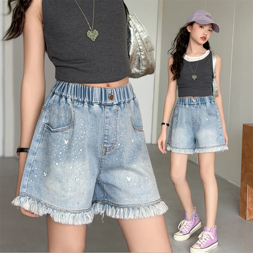 Street Style Children Fashion Summer Mini Denim Shorts with Bows For Teen Girls Casual Crystal Shorts Kids Trend Ripped Shorts