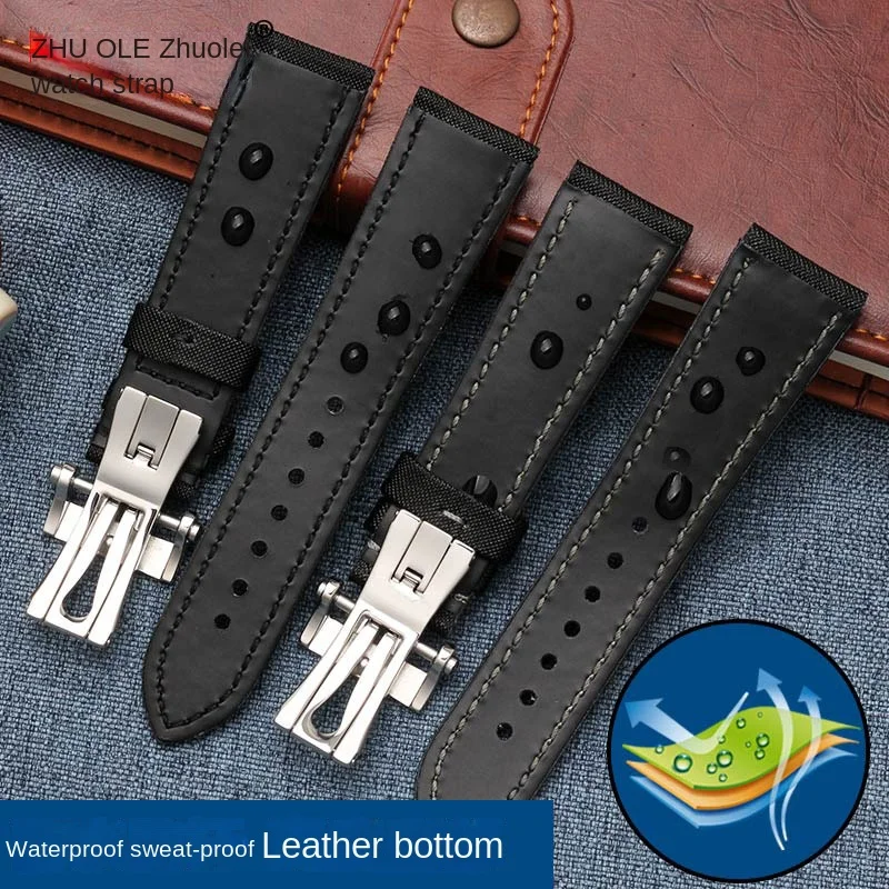 23mm Weaving Nylon Cowhide Strap Folding Buckle Watchband Suitable for Blancpain Fifty Fathoms 5000 5015 Blue black Wrist strap