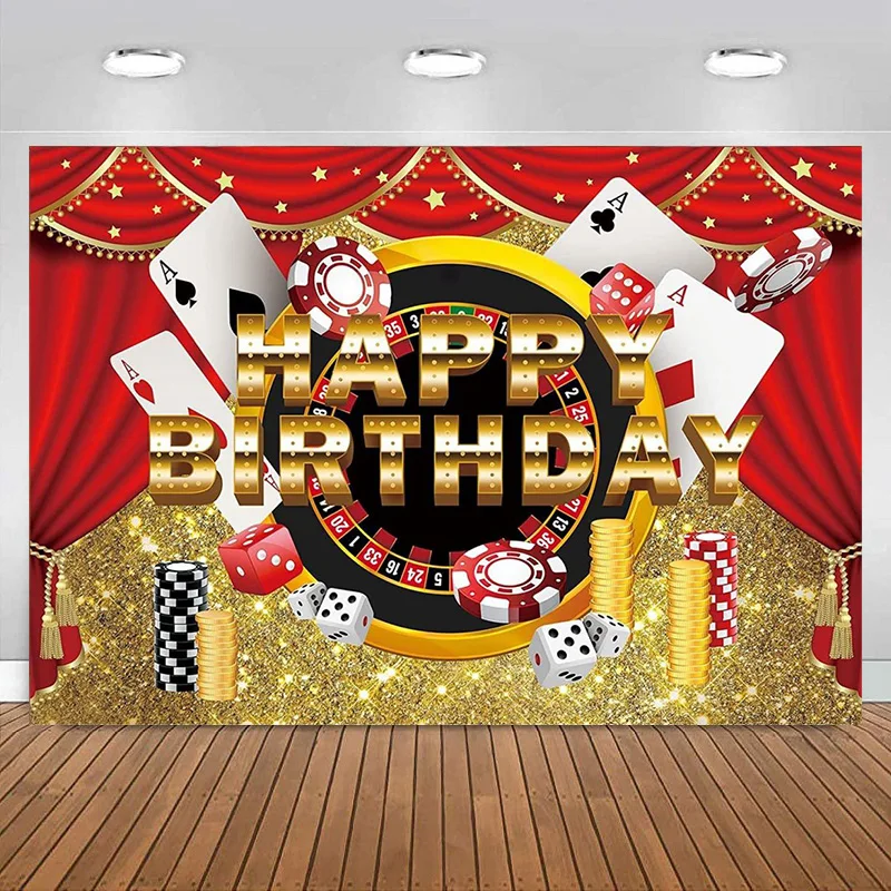 Casino Happy Birthday Backdrop Poker Dice Red Curtain Photography Background Las Vegas Gold Glitter Party Banner Decorations