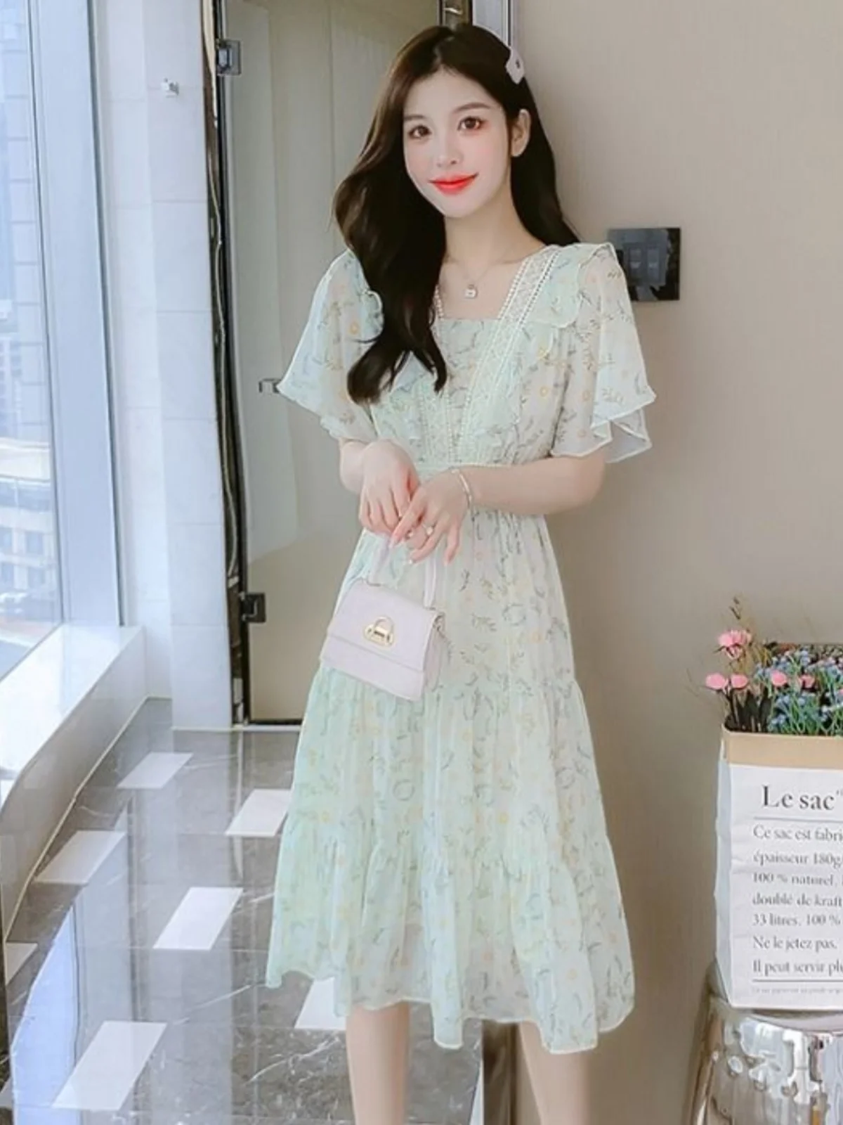 floral-print-chiffon-dress-women's-summer-2024-new-style-slimming-waist-design-fairy-like-collar-bowknot-skirt-gown