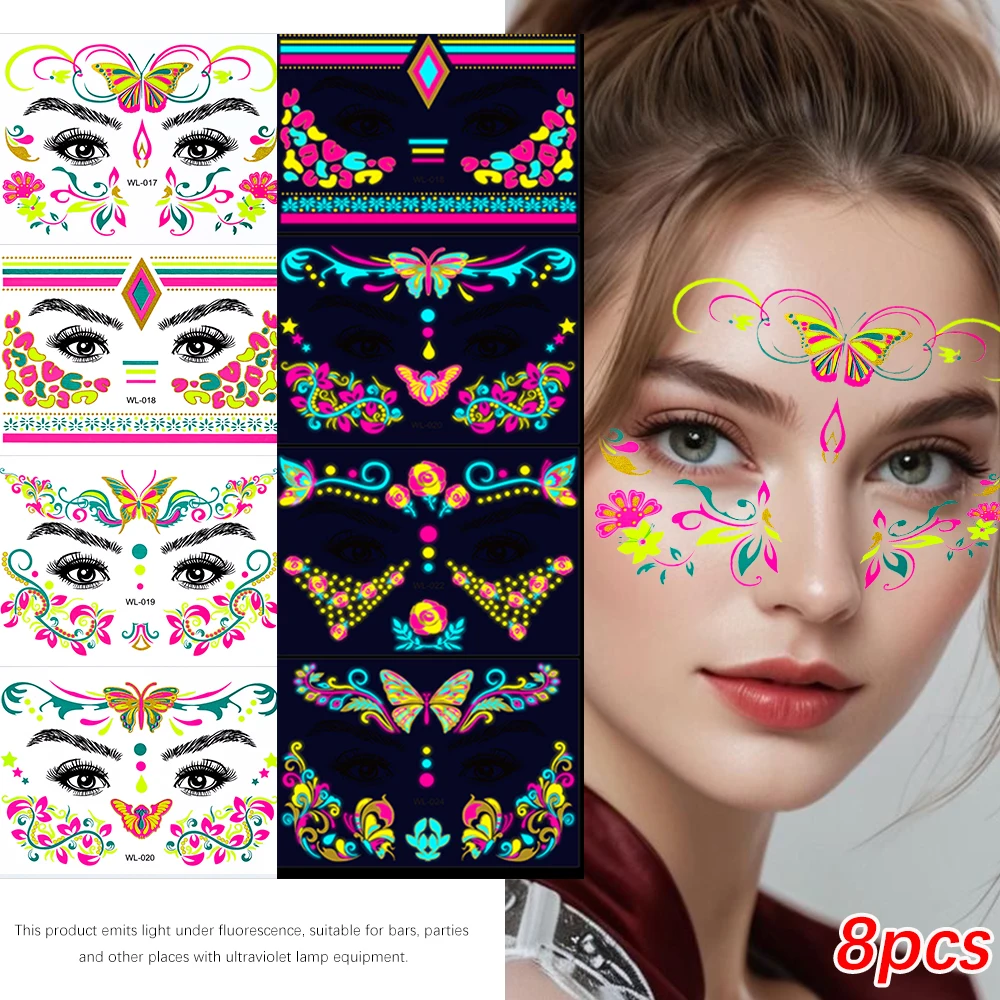 4/8pcs Fluorescent Glitter Tattoo Face Sticker Waterproof Temporary Tattoos Body Sticker for Party Night Club Makeup UV Stickers