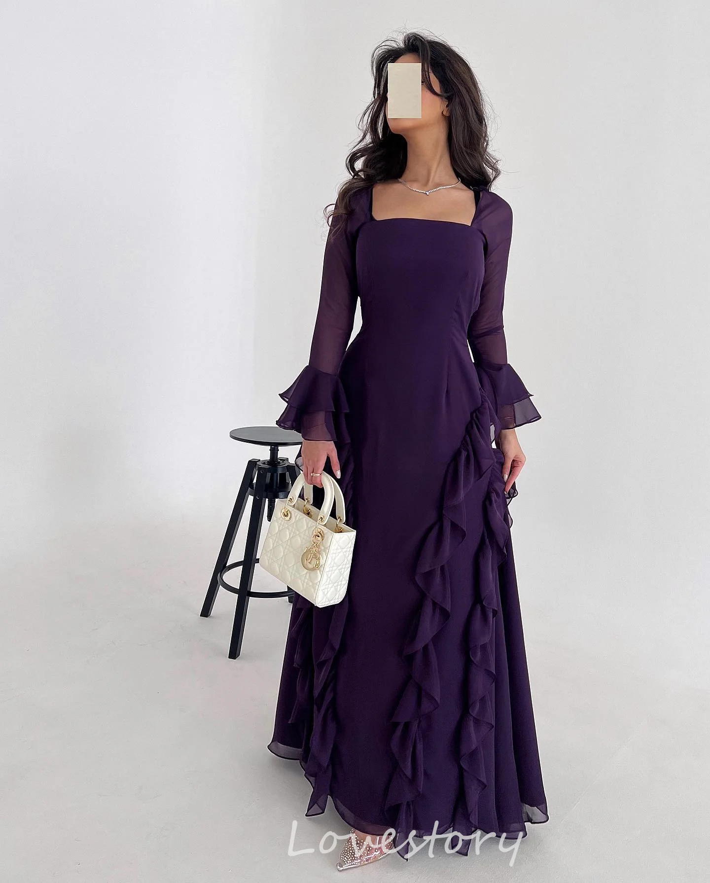 

Ruffles Chiffon Evening Dresses Ruffled Purple Formal Occasion Gown Square Neck Prom Dress Evening Gowns 2024 Ankle Length