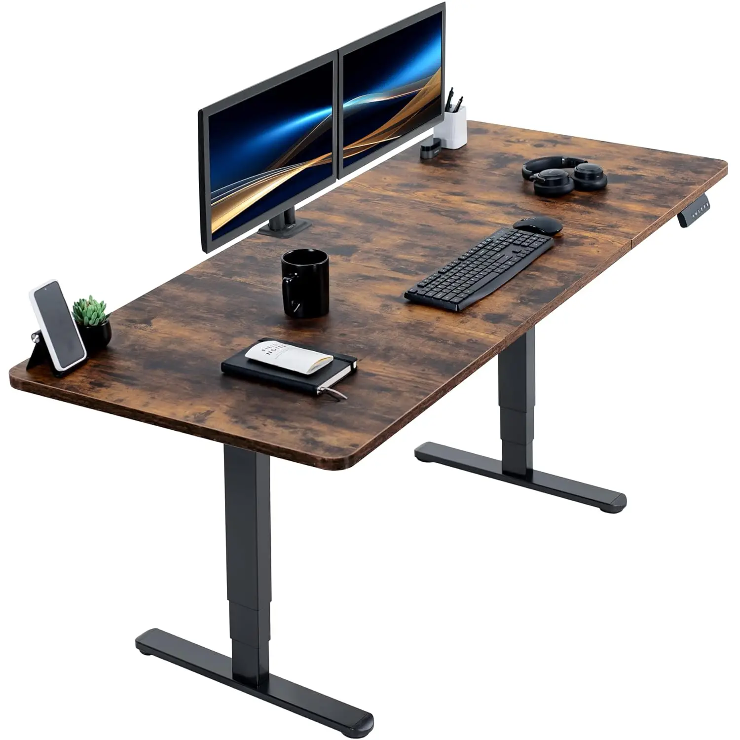 Rustic Brown 71x30in Electric Standing Desk Dual Motor Height Adjustable Sit Stand Memory 220lbs Black Frame, Customized