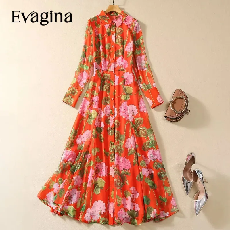 

Evagina New Fashion Runway Designer Women's Lapel Collar Long Sleeved Lotus Leaf Printed Orange Single Breasted Elegant Dress