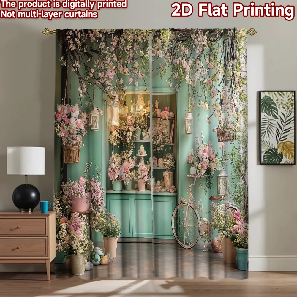 2D flat 2pcs Curtain Vintage drapes and curtains Easter Flower Bicycle Corner Digitally printed polyester Party Decorations for